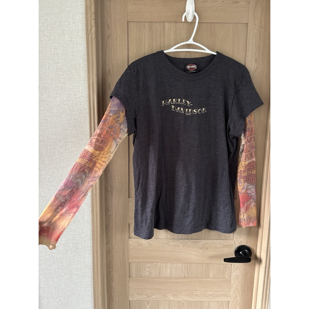 Harley Davidson Tattoo Sleeve Shirt Women Large Mesh Long Sleeve Biker Flames